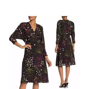 Joie Acantha Caviar Black Pink Floral 3/4 Sleeve V-Neck Wrap Dress XS